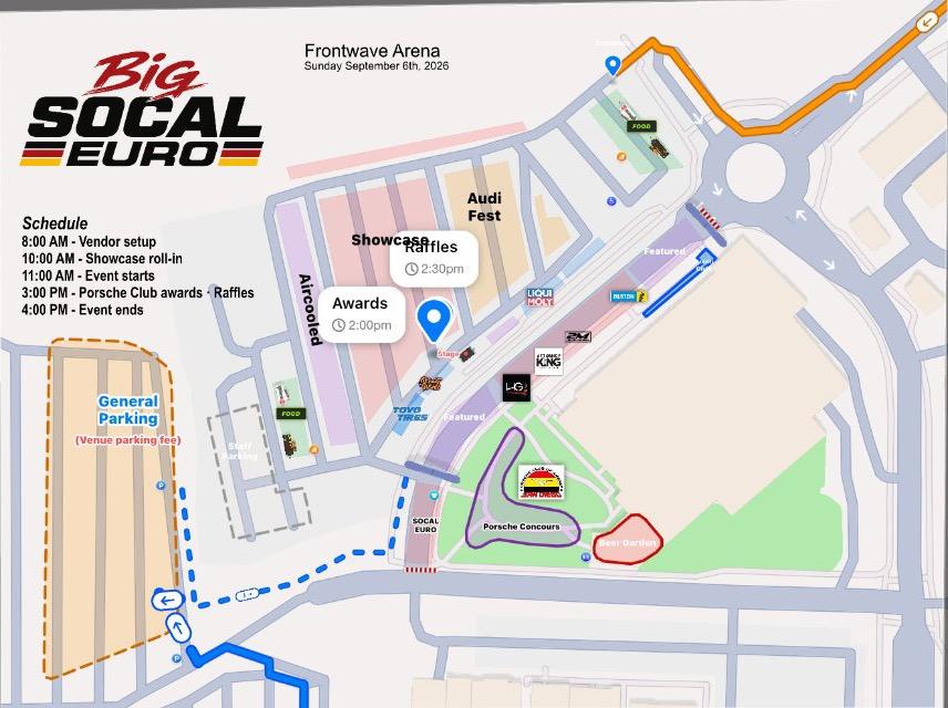 Big SOCAL EURO 2026 venue map — Frontwave Arena zones: showcase, aircooled, vendors, food, general parking